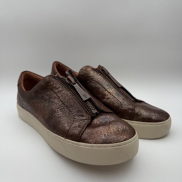 Frye Lena Womens Slip-On Low Top Sneakers Metalic Zip Front Platform‎ Size 9.5 - Picture 1 of 4